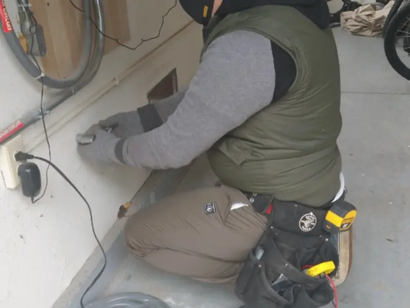 Electrician performing outlet wiring in a Penn Hills garage